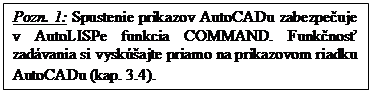 Textov� pole: Pozn. 1: Spustenie pr�kazov AutoCADu zabezpe�uje v AutoLISPe funkcia COMMAND. Funk�nos� zad�vania si vysk��ajte priamo na pr�kazovom riadku AutoCADu (kap. 3.4).